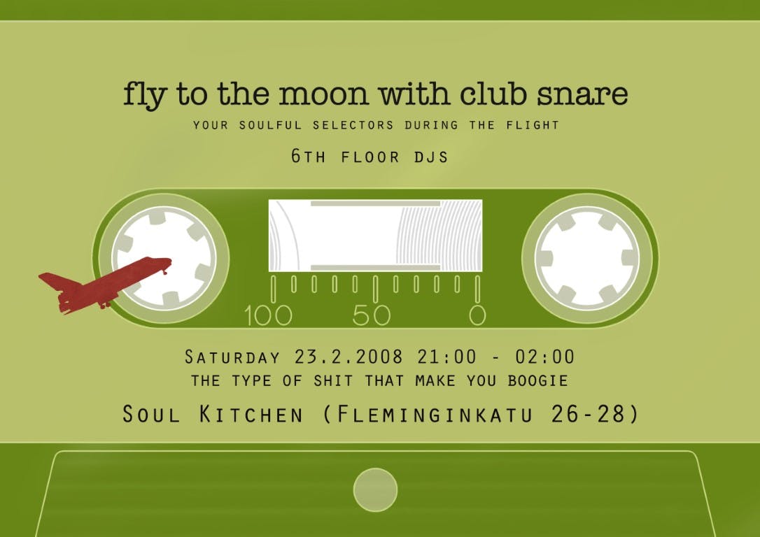 A self-designed club-night poster with a space shuttle flying over a cassette tape